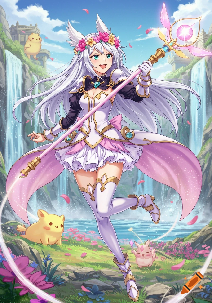 Anime magical girl with white hair, floral crown, and staff in a fantasy landscape with waterfalls and cute creatures.