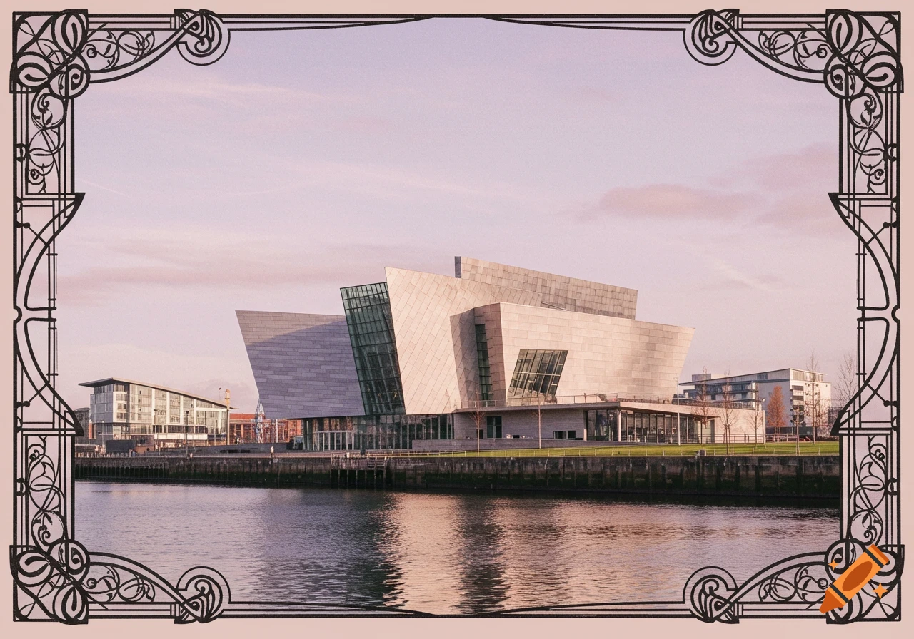 A modern building on a riverbank, framed by a decorative black Art Nouveau border.
