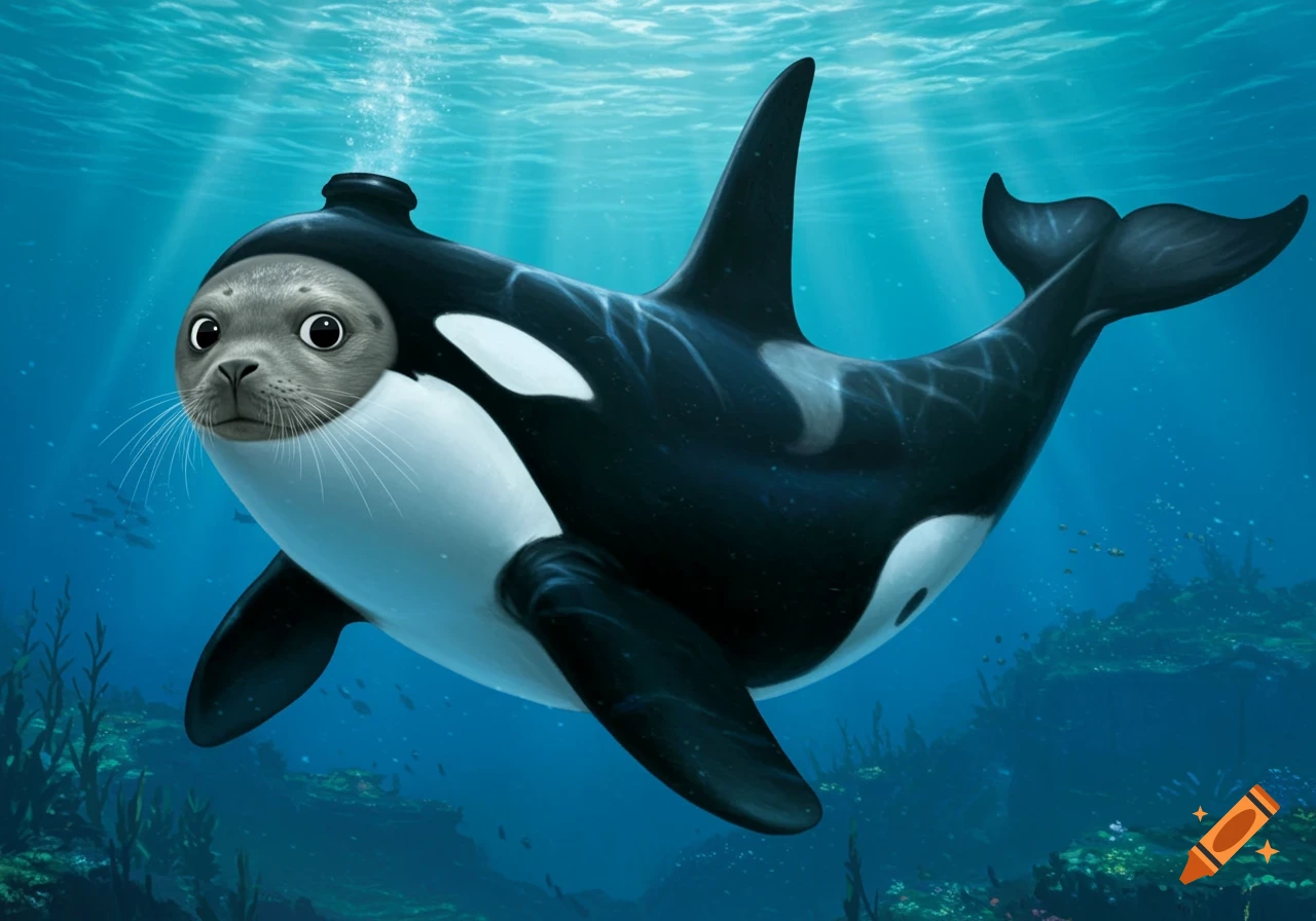 Illustration of a seal head on an orca body swimming underwater.