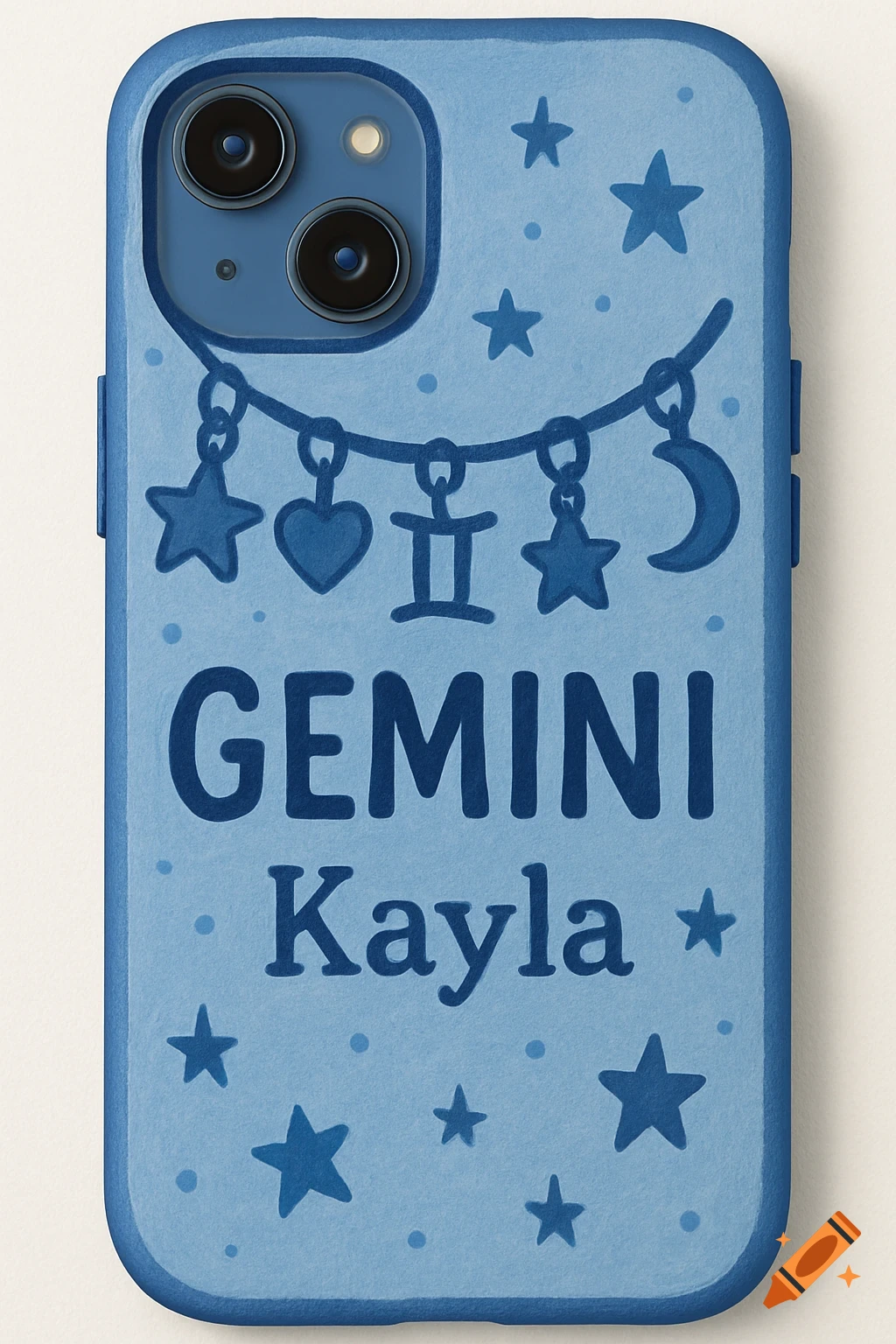 Blue phone case with Gemini and Kayla text, decorated with celestial and zodiac charms.