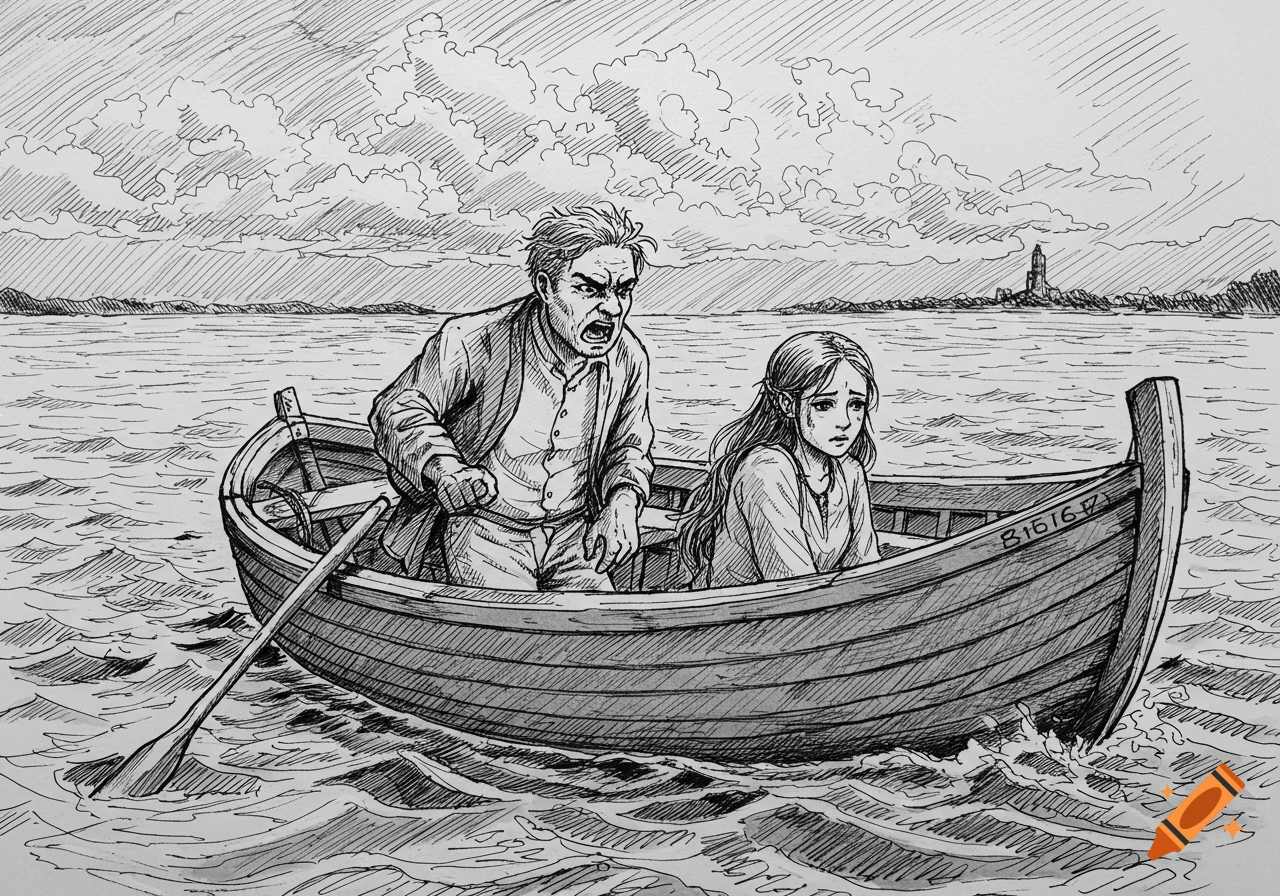 Sketch of an angry man and a sad woman in a boat.
