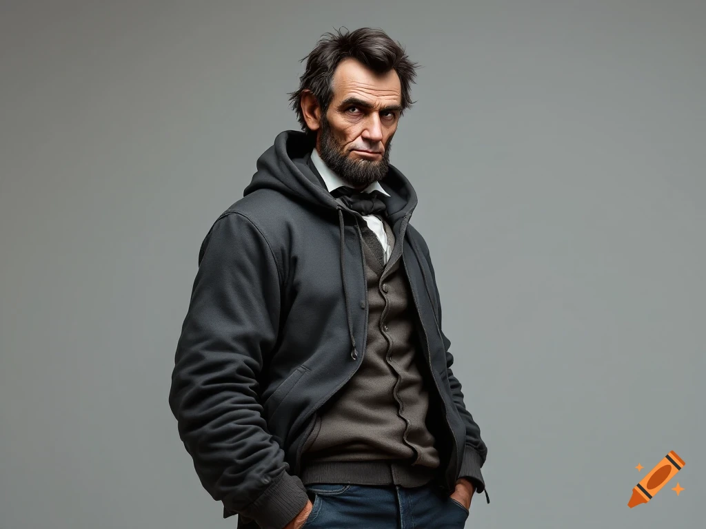 Photorealistic portrait of Abraham Lincoln wearing a dark grey hoodie over a vest and white shirt