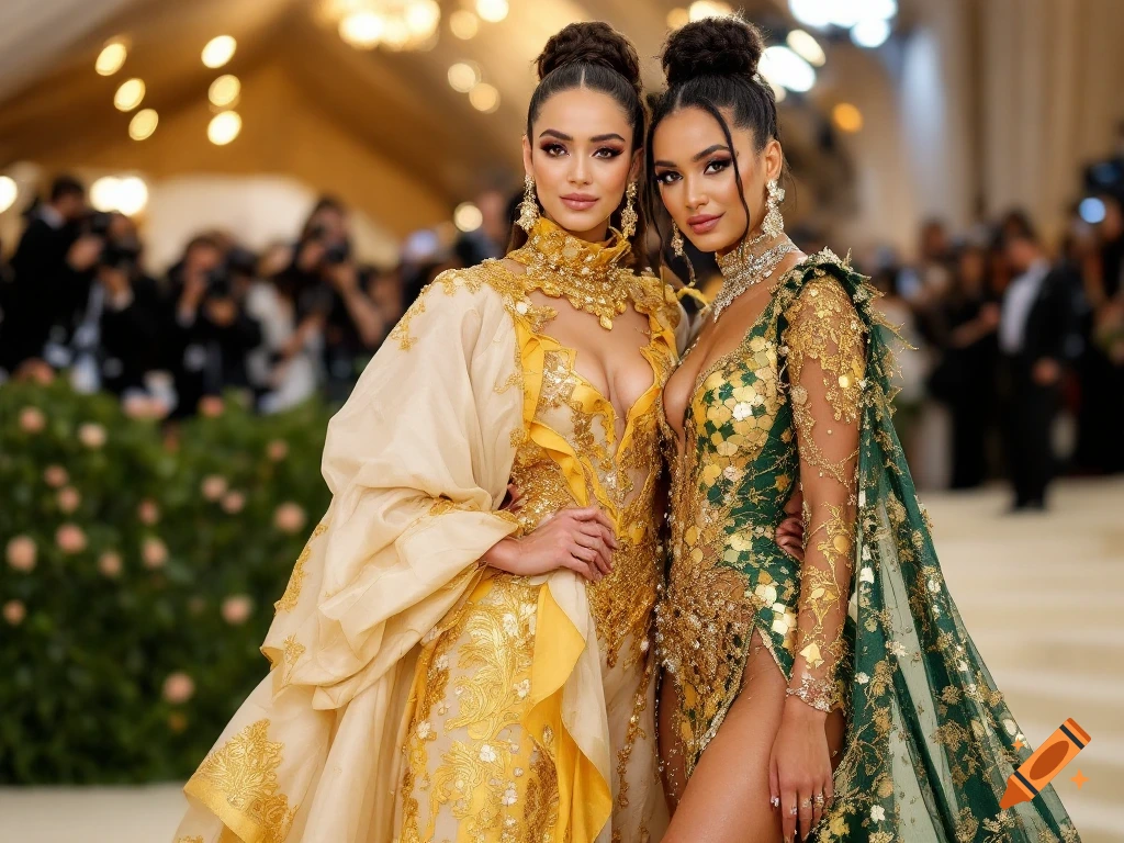 Two women in elaborate gold and green dresses pose at a formal event.