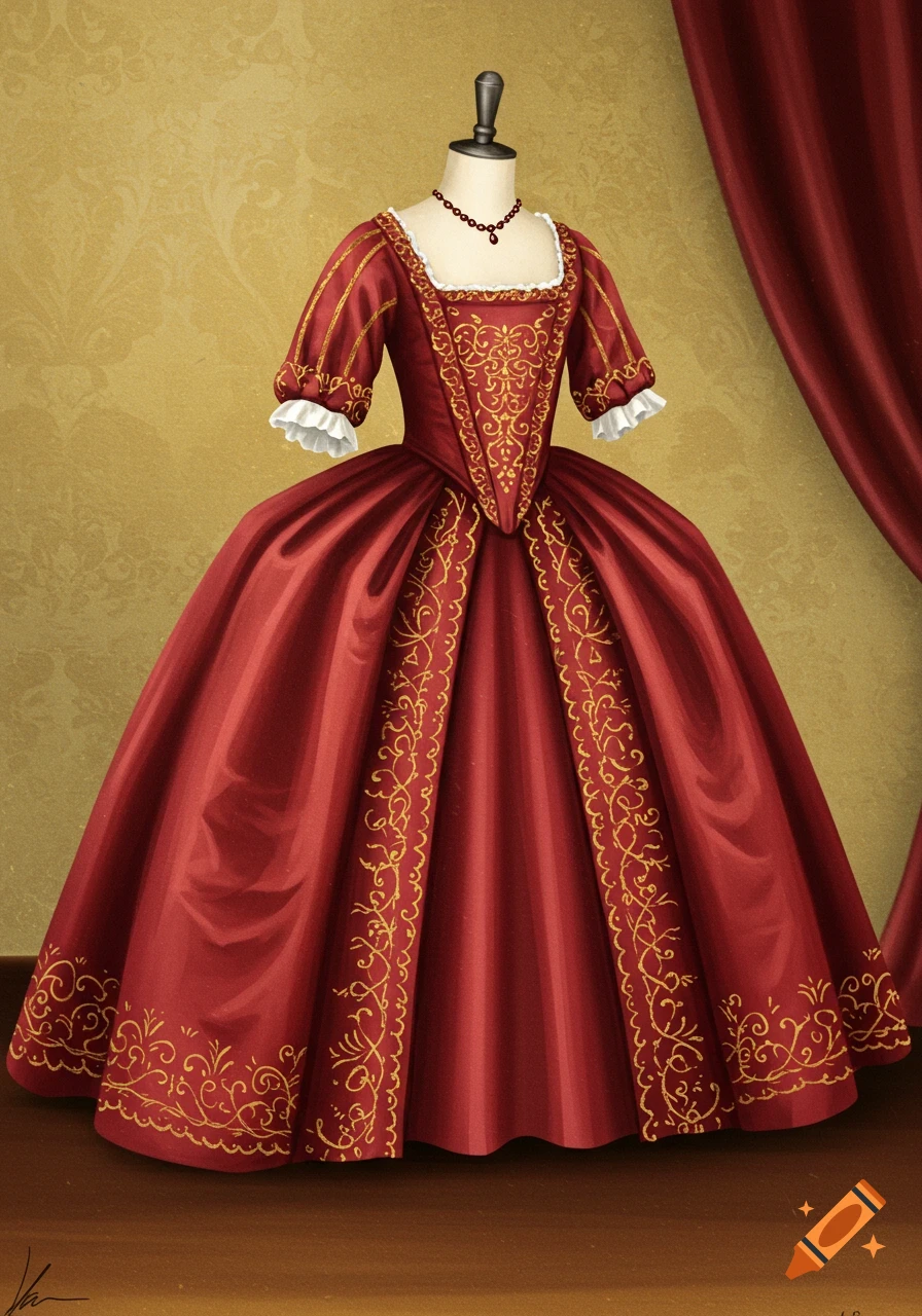 Red historical ball gown with gold embroidery on a mannequin.