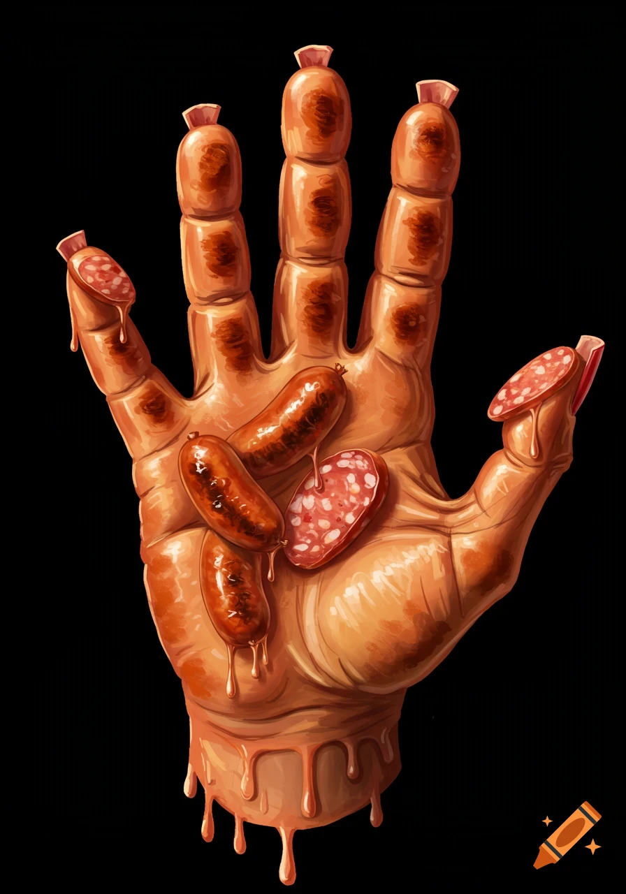 A human hand made of sausages with dripping fat, holding sliced salami.