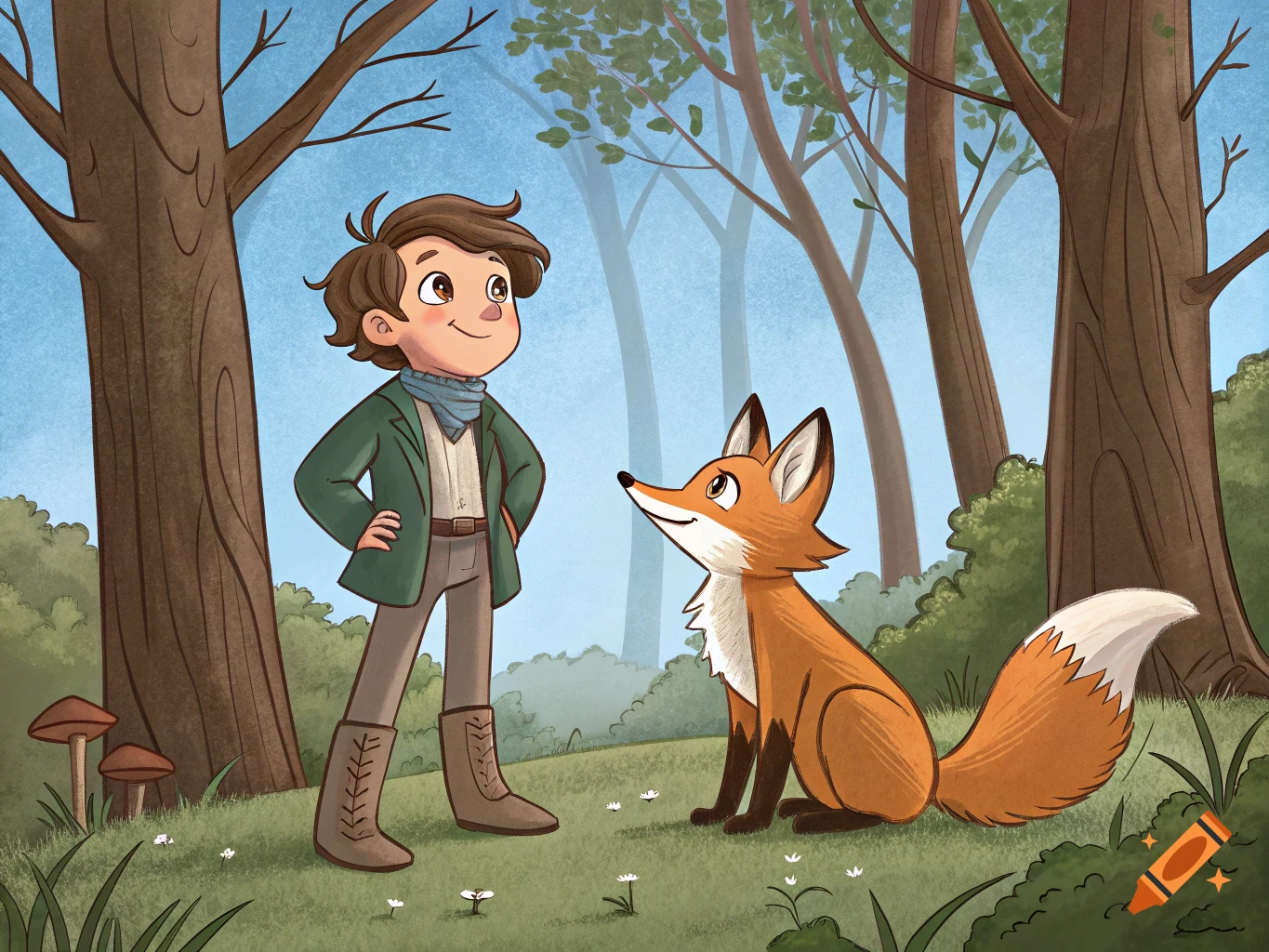 Illustration of a boy and a fox standing in a forest clearing. on Craiyon