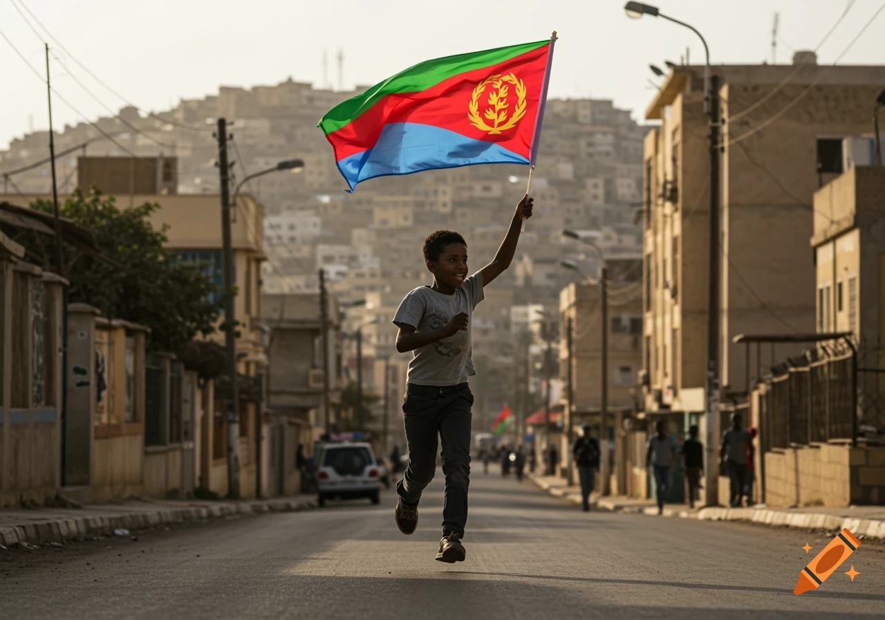 A young boy runs down a street in Asmara, Eritrea, holding the Eritrean flag.