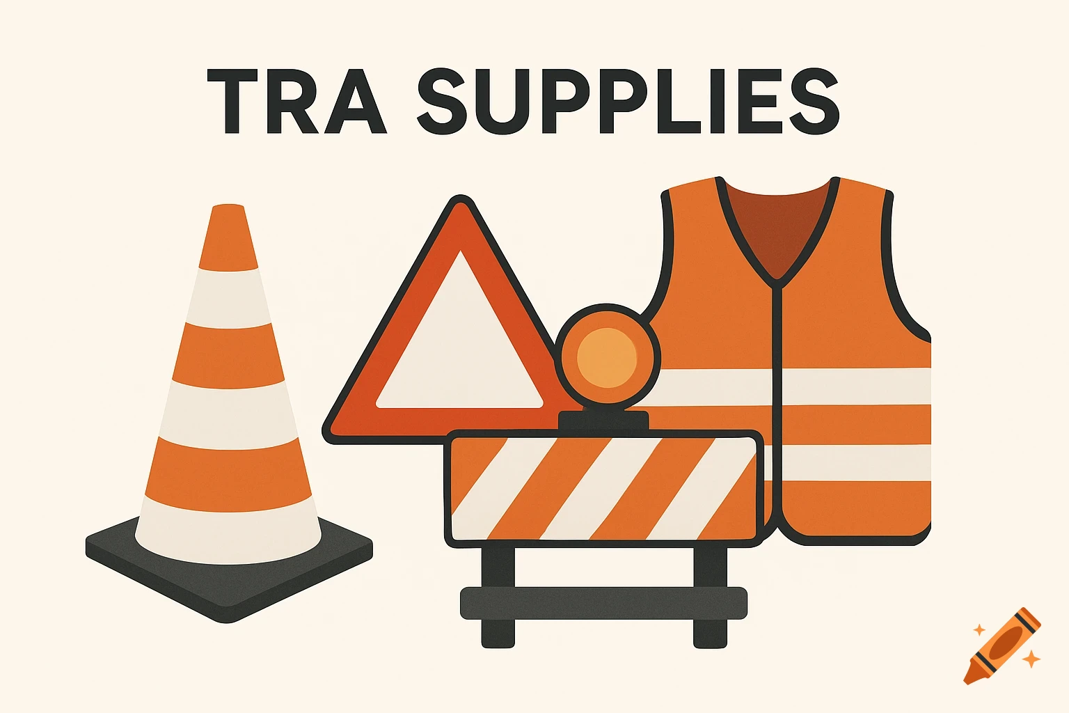 Illustration of traffic cone, warning sign, barrier, and safety vest with 'TRA SUPPLIES' text.