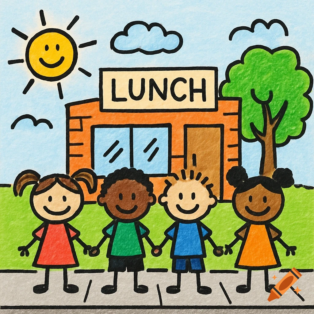 Stick figure children holding hands in front of a lunch shop sign under the sun, in a crayon drawing style.