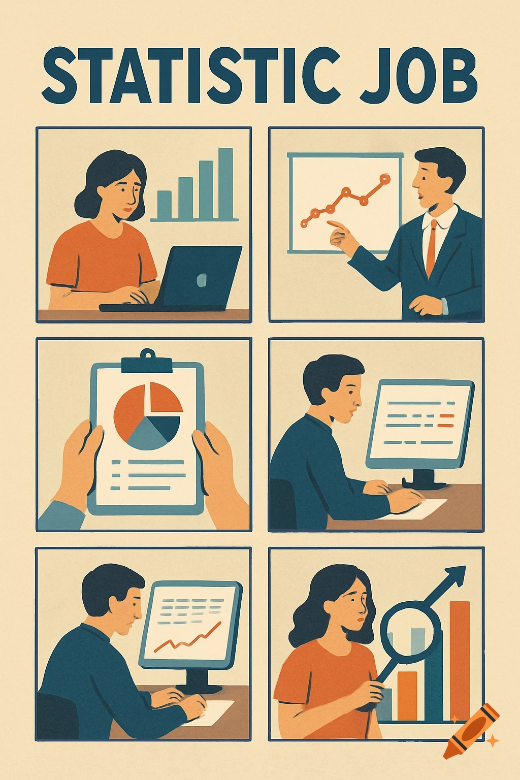A poster in a flat illustration style with the text "STATISTIC JOB" at the top. Below are six panels depicting people working with computers, charts, and statistics.