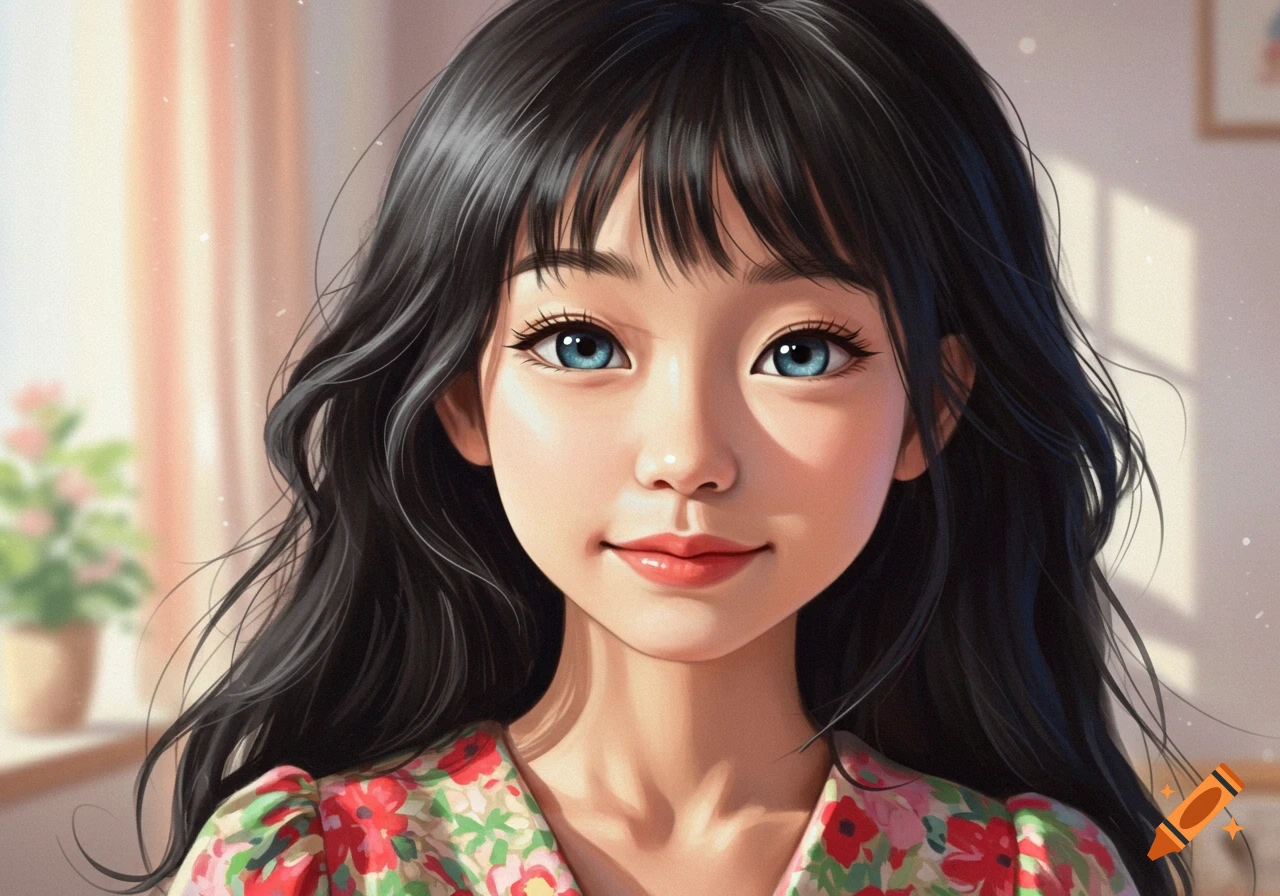 A stylized digital portrait of a young girl with dark hair and blue ...