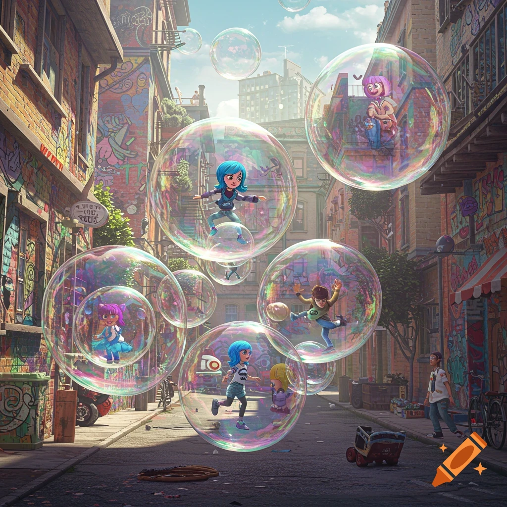 Cartoon characters float inside large bubbles on a graffiti-covered city street