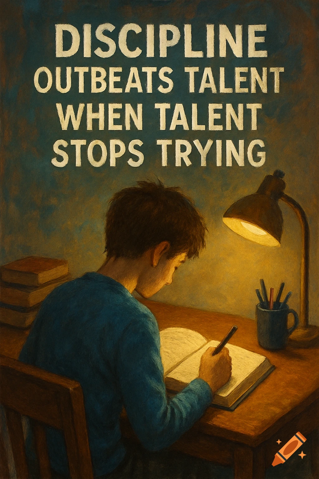 Illustration of a person studying at a desk with a lamp, books, and a motivational quote on the wall.