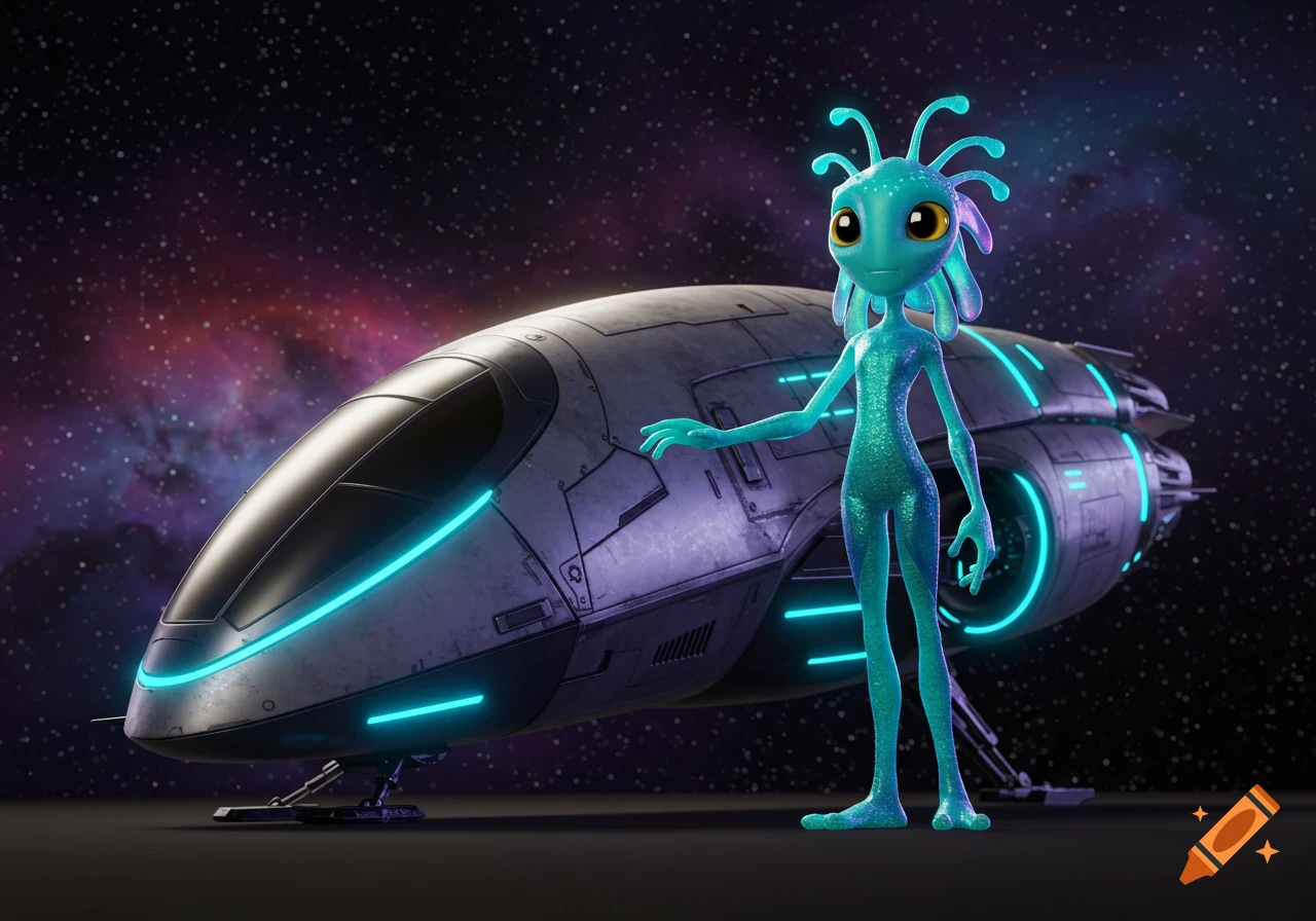 Animated blue alien stands next to a futuristic spaceship in space.