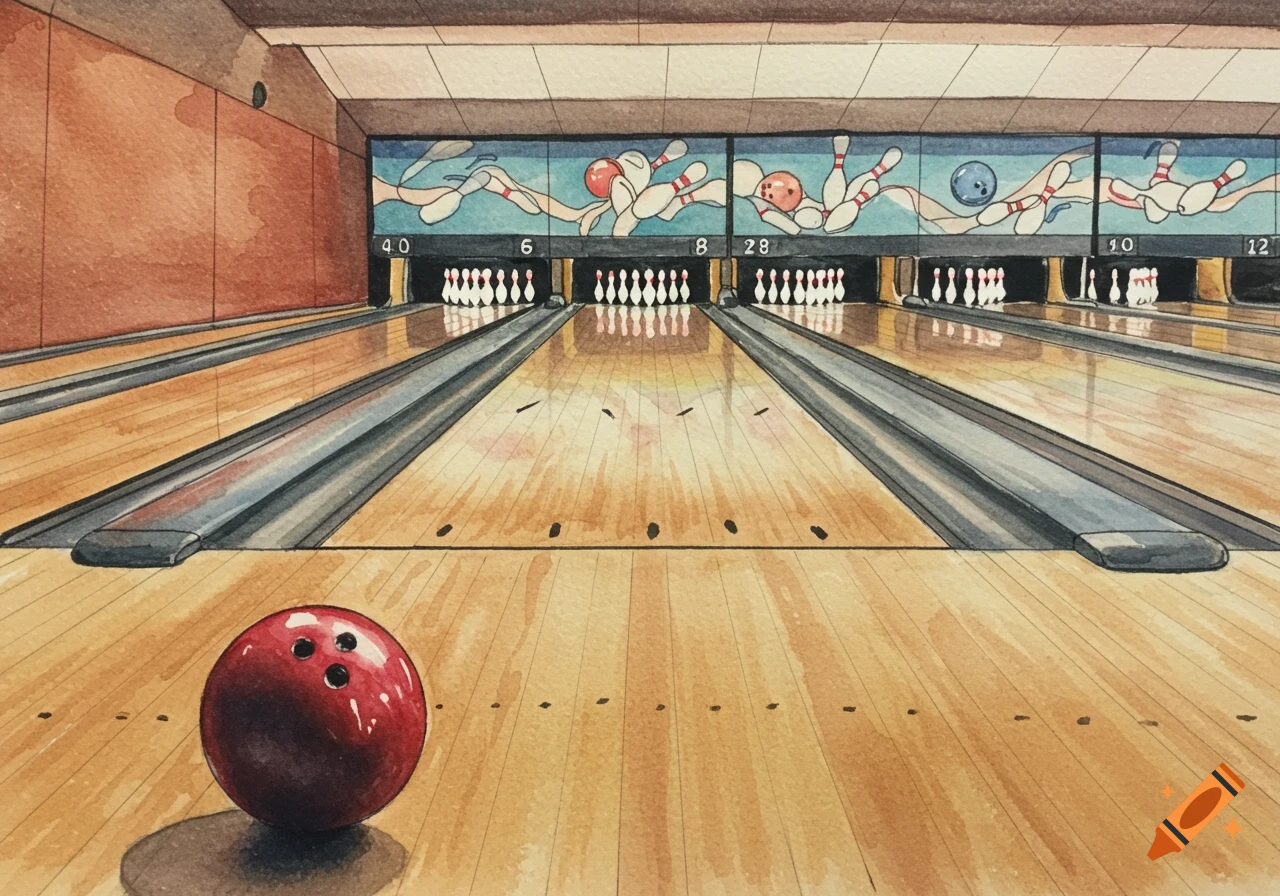A watercolor painting of a bowling alley lane with a red bowling ball in the foreground and pins in the distance.