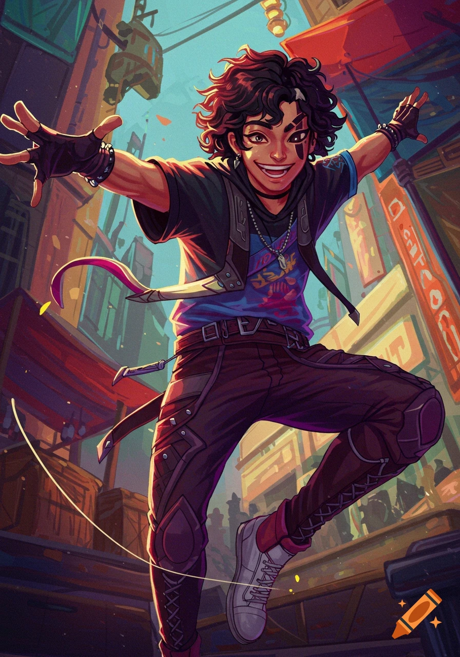 A stylized illustration of a person jumping in an urban street scene.