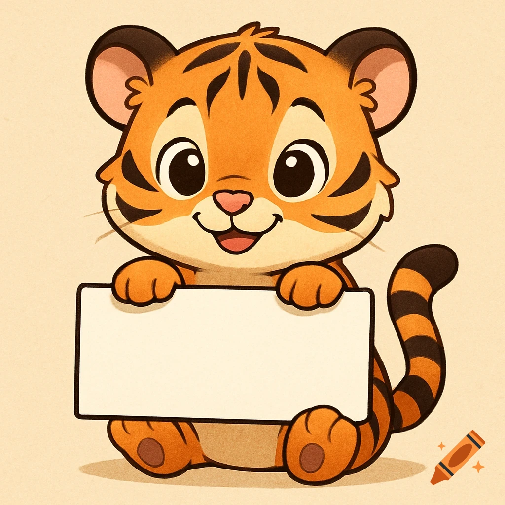 A cute cartoon baby tiger holds a blank sign.
