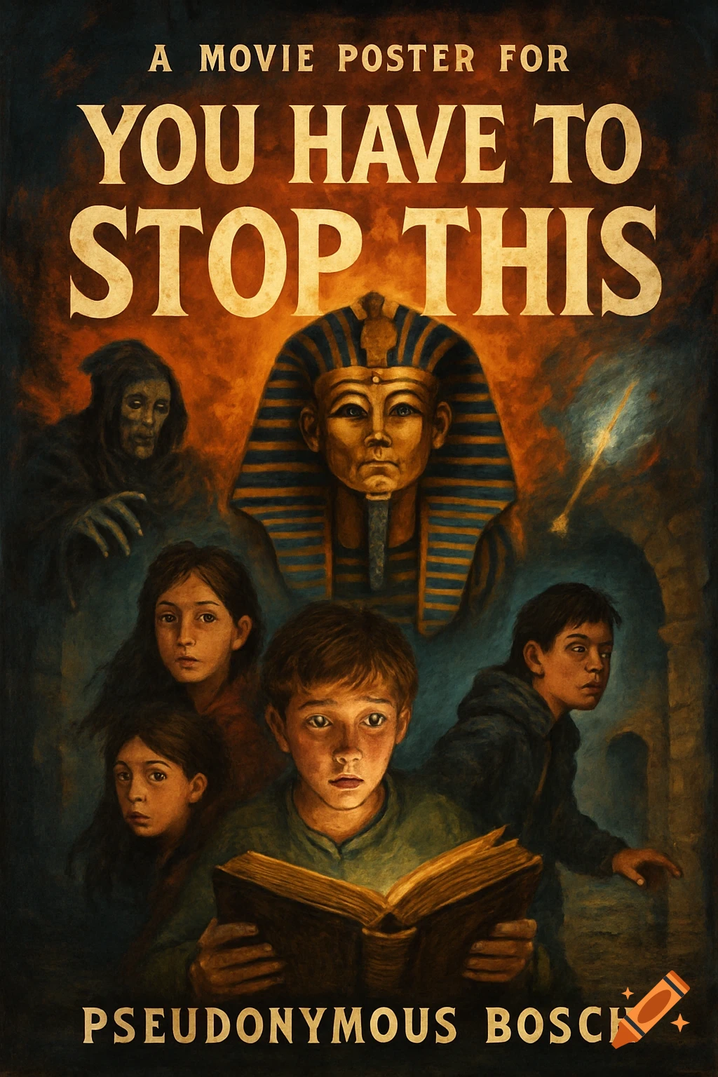 Painterly movie poster featuring a pharaoh head, hooded figure, and children, with text 'YOU HAVE TO STOP THIS'