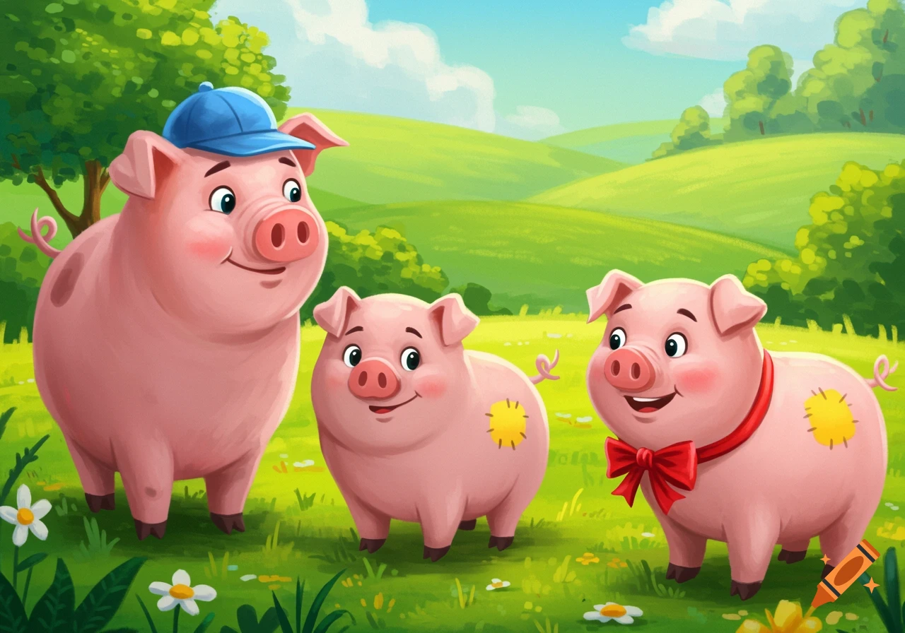 Three cartoon pigs, one with a blue hat, another with a red bow tie, stand in a green field.