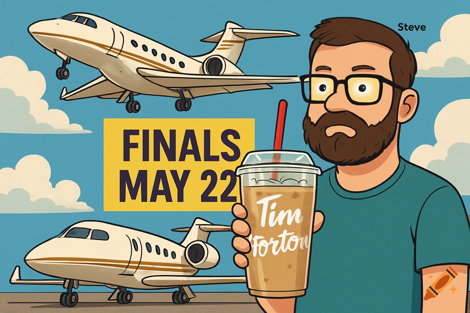 Cartoon illustration of a man with a drink and beard next to private jets and a 'FINALS MAY 22' banner.