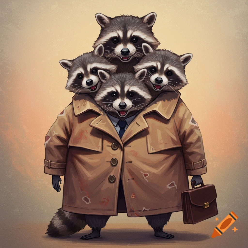 Three raccoons stacked in a trench coat with a briefcase, in an ...