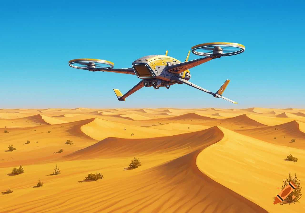 A yellow and grey drone flies over vast sand dunes under a clear blue sky.