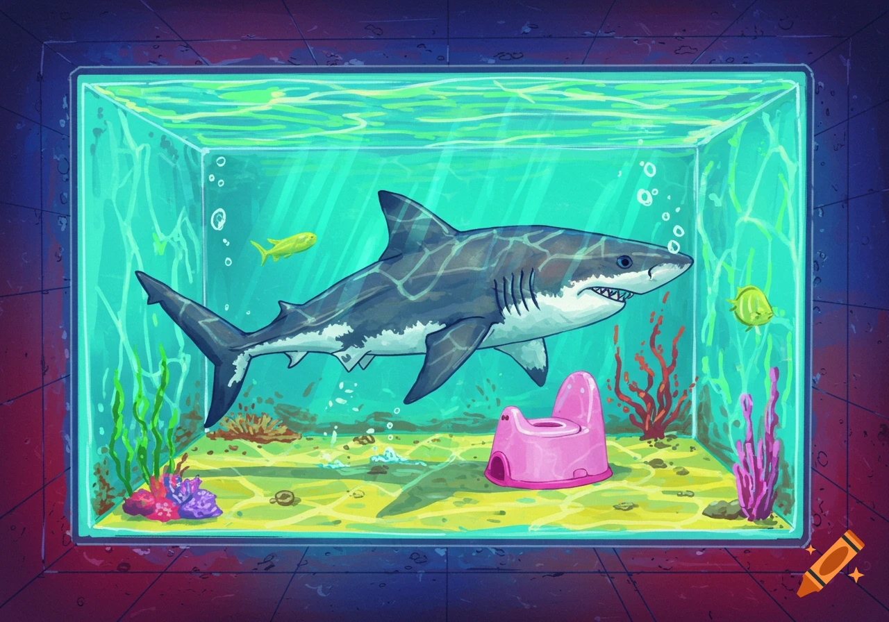 An illustration of a shark inside a fish tank, sitting on a pink potty.