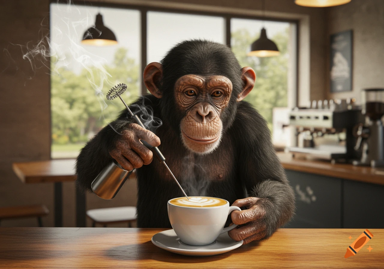 Chimpanzee making latte art with a milk frother in a cafe.