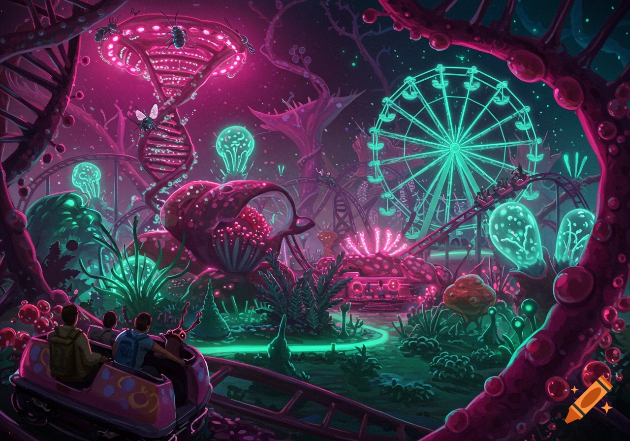 A vibrant, alien-like theme park featuring biological structures, a Ferris wheel, and roller coaster rides.