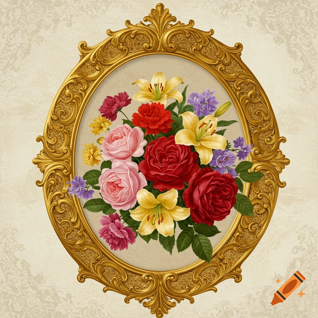 Bouquet of roses and lilies in an ornate gold oval frame.