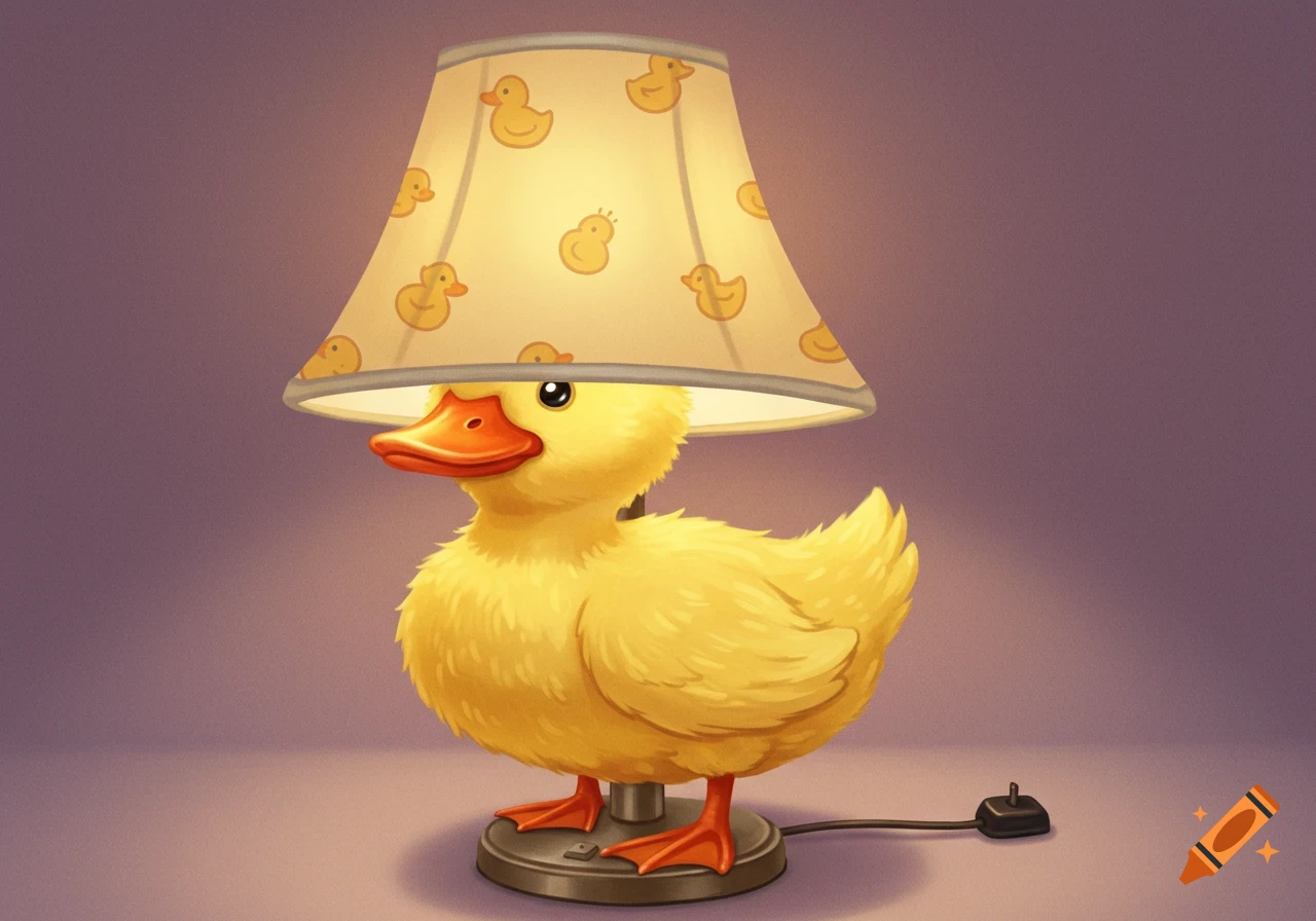 A cute yellow duck with a lampshade on its head, standing on a lamp base. Lampshade has duck patterns. Digital illustration.