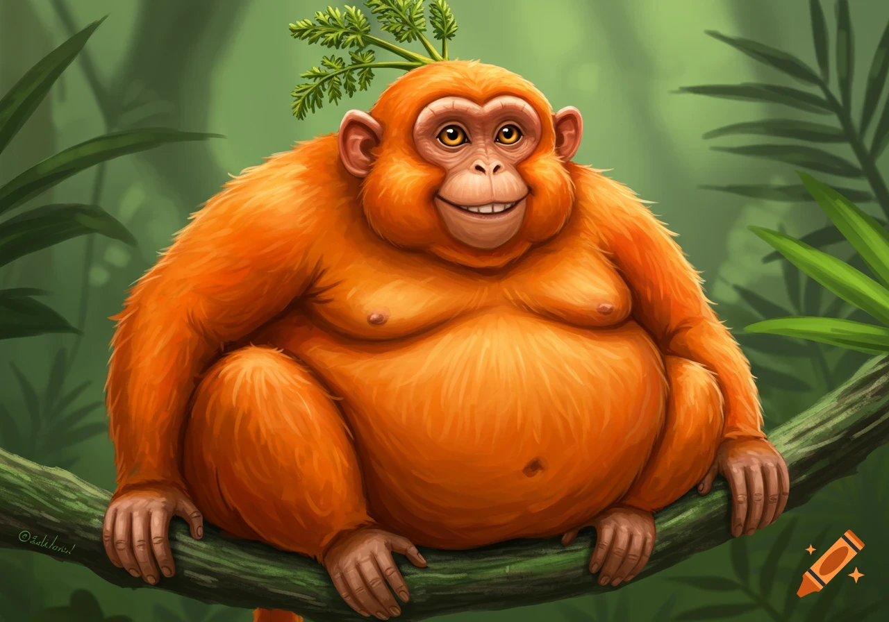 A fat orange monkey with a carrot on its head sits on a branch in a jungle clearing. Digital illustration.