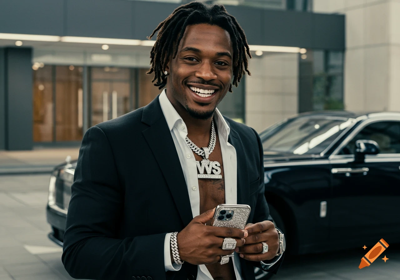 Man in suit with diamond jewelry holds phone near Rolls Royce in a business setting, cinematic style.
