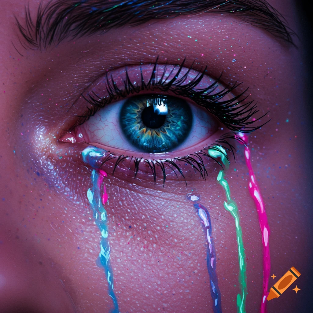 Close up of an eye crying bright, colorful, glittery liquid tears