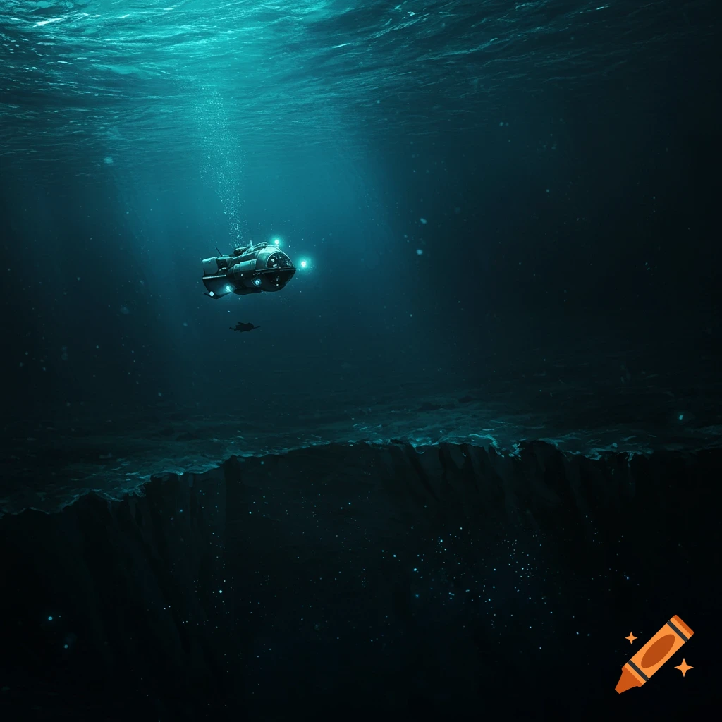 A submersible explores the deep ocean abyss.