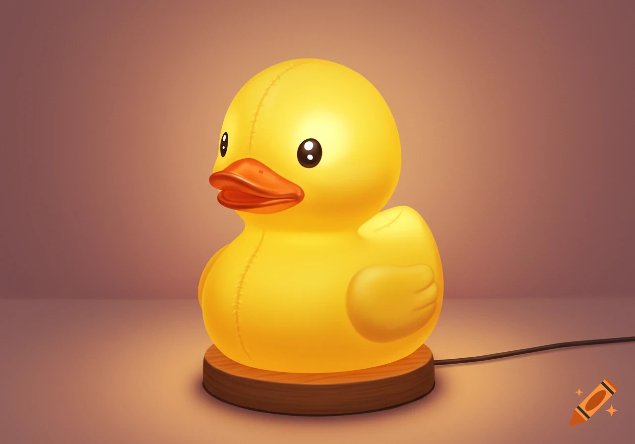 A glowing yellow rubber duck lamp on a wooden base with a power cord.