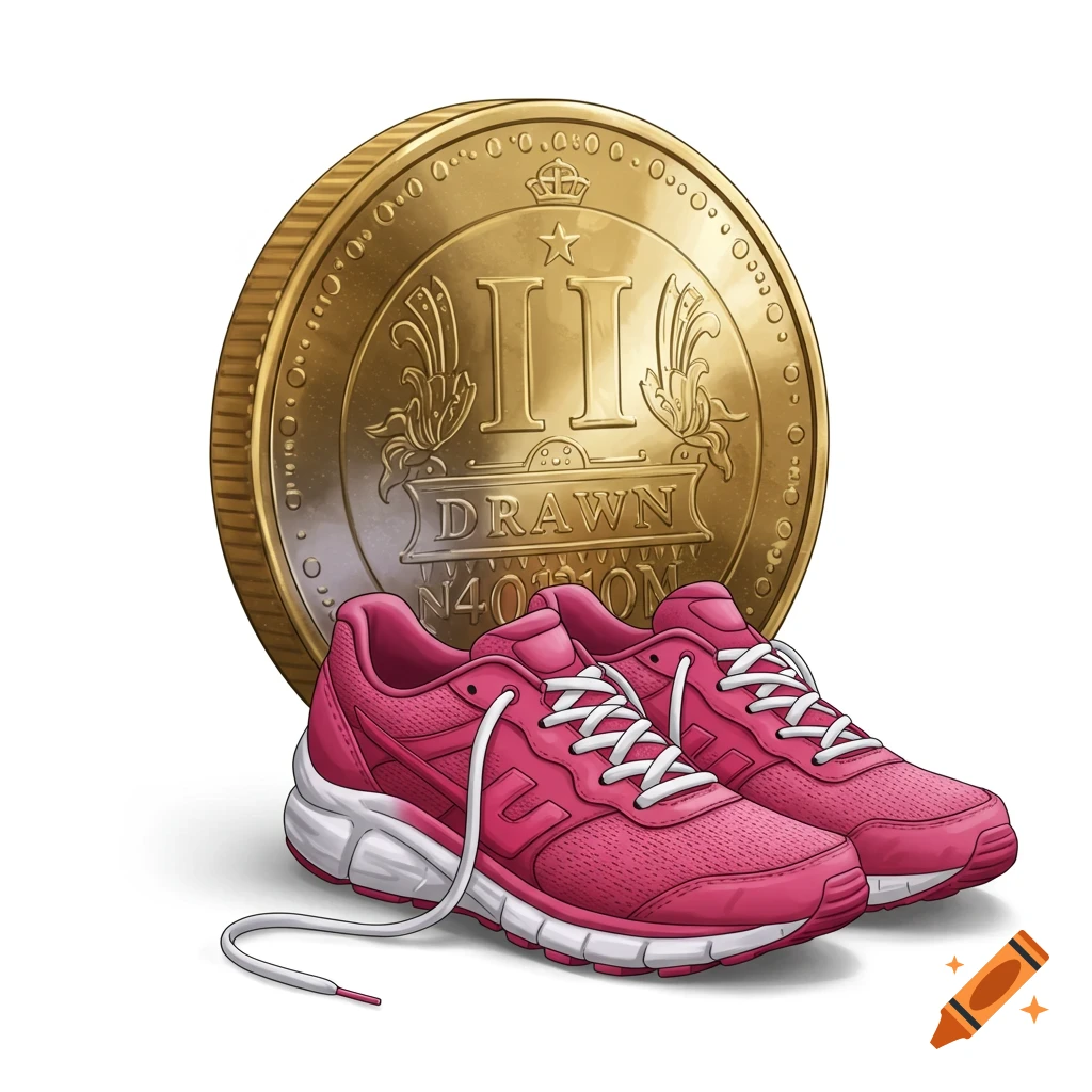 Illustration of a large gold coin behind pink running shoes on a white background.