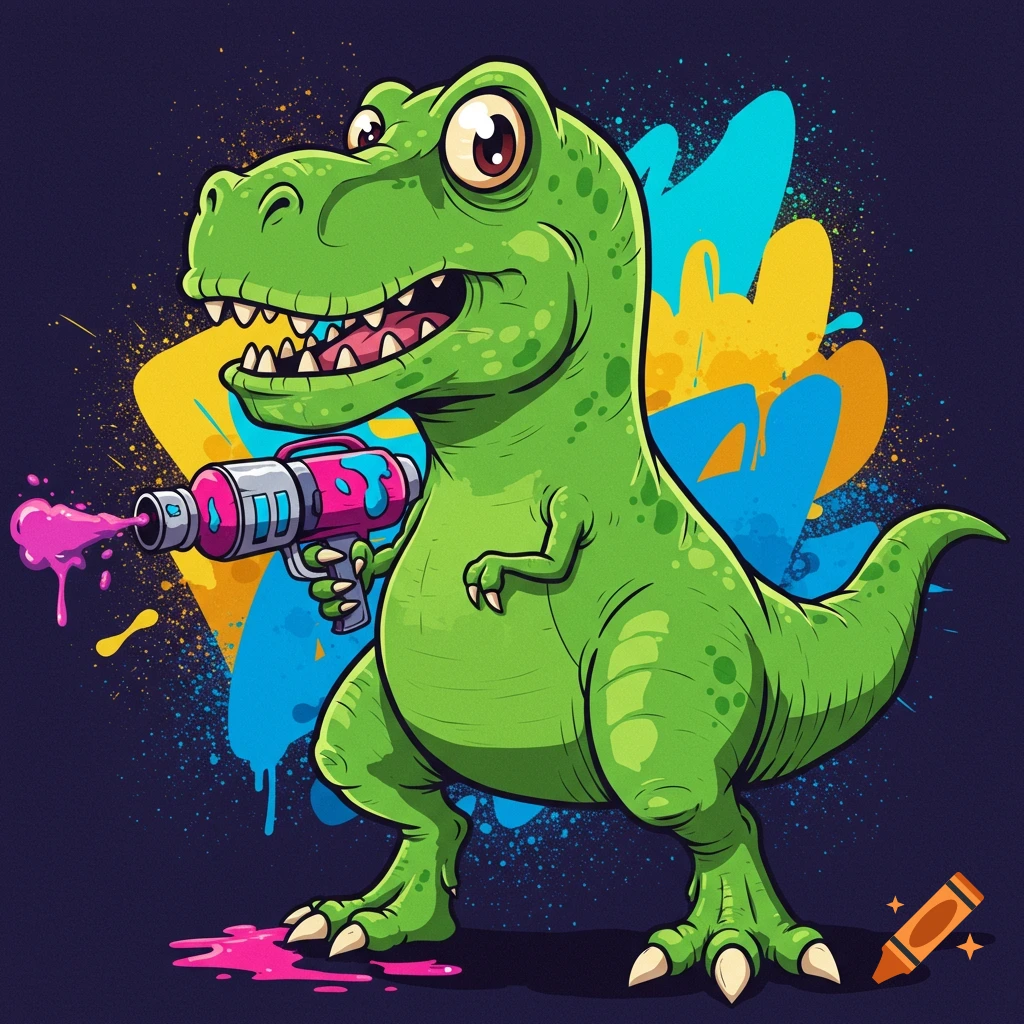 Cartoon T-Rex dinosaur shooting pink paint from a toy paint gun on a dark background with colorful splatters