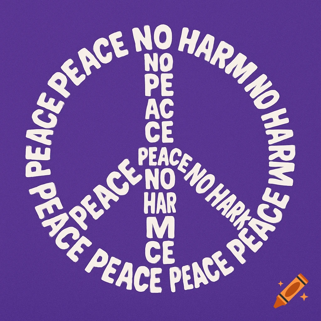 A white peace sign made of the words "peace" and "no harm" on a purple background.