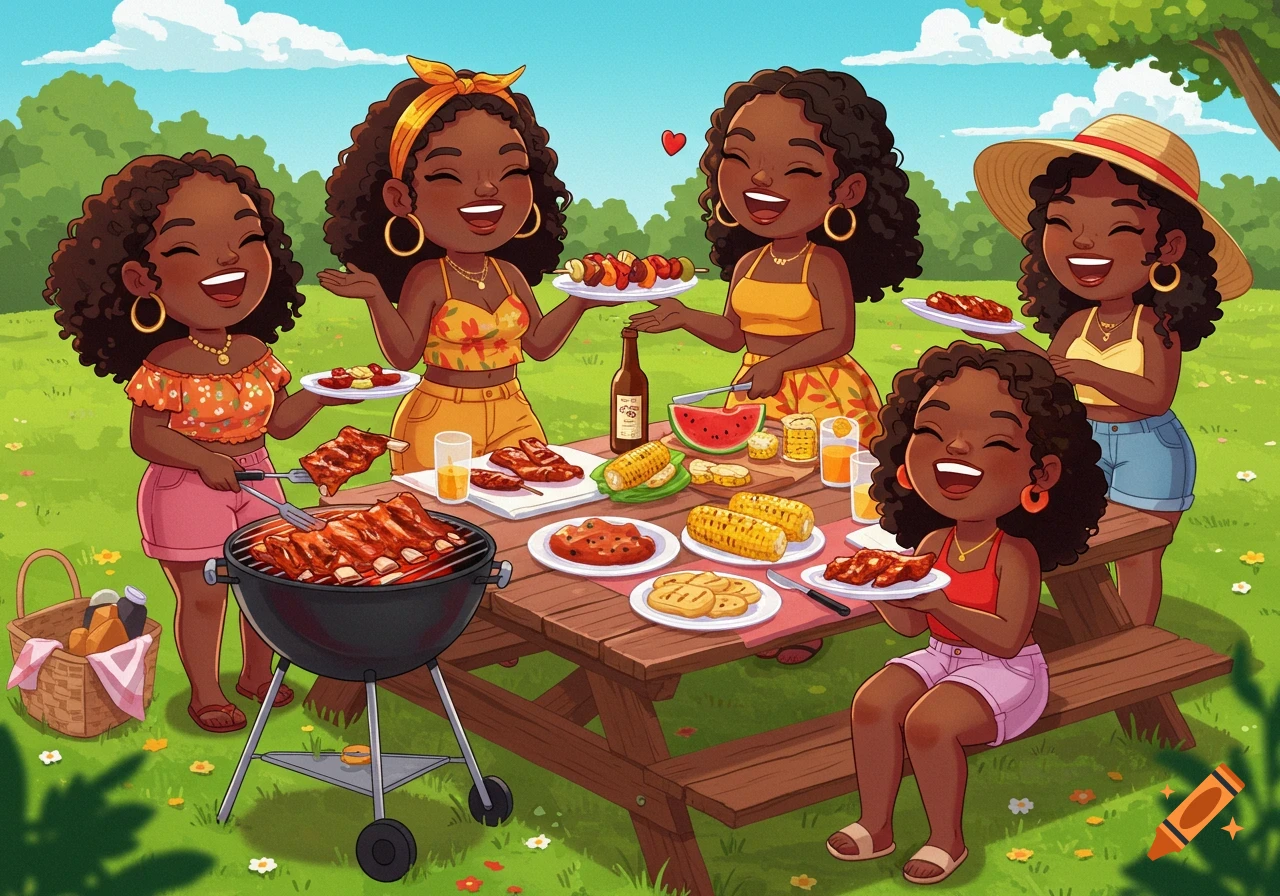 Cartoon illustration of cute Black women enjoying a barbecue picnic outdoors.