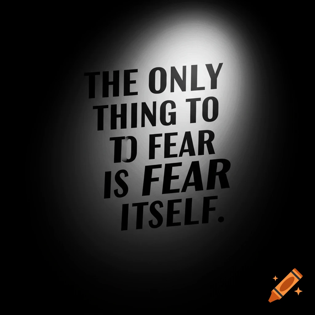 Black and white image with the quote 'The only thing to fear is fear itself' illuminated by a spotlight.