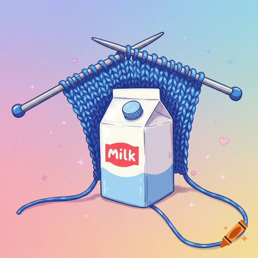 Illustration of knitting needles knitting a milk carton with blue yarn on a pastel background.