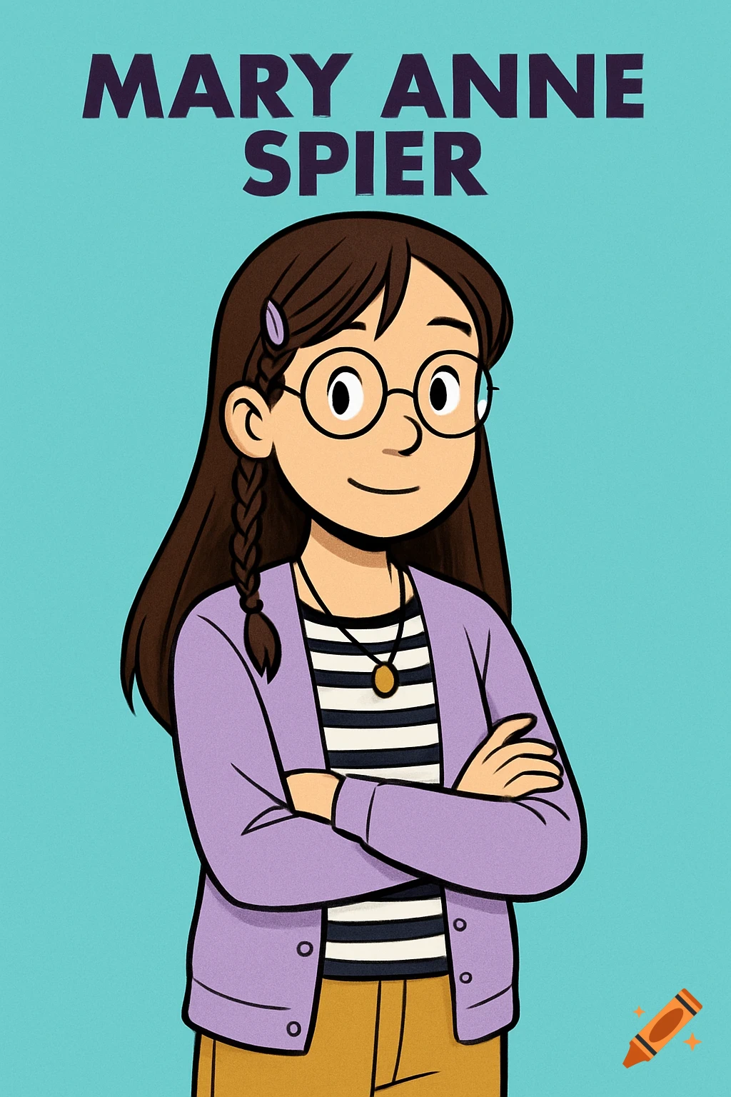 Cartoon portrait of Mary Anne Spier with glasses, braid, striped shirt, and purple cardigan, arms crossed, text above.