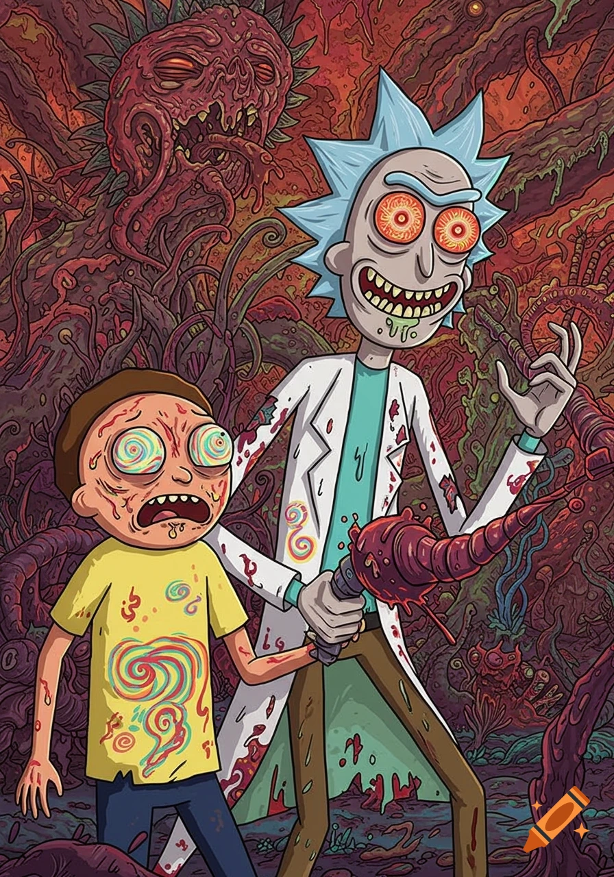 Rick and Morty in a grotesque, psychedelic horror style surrounded by mutated creatures.