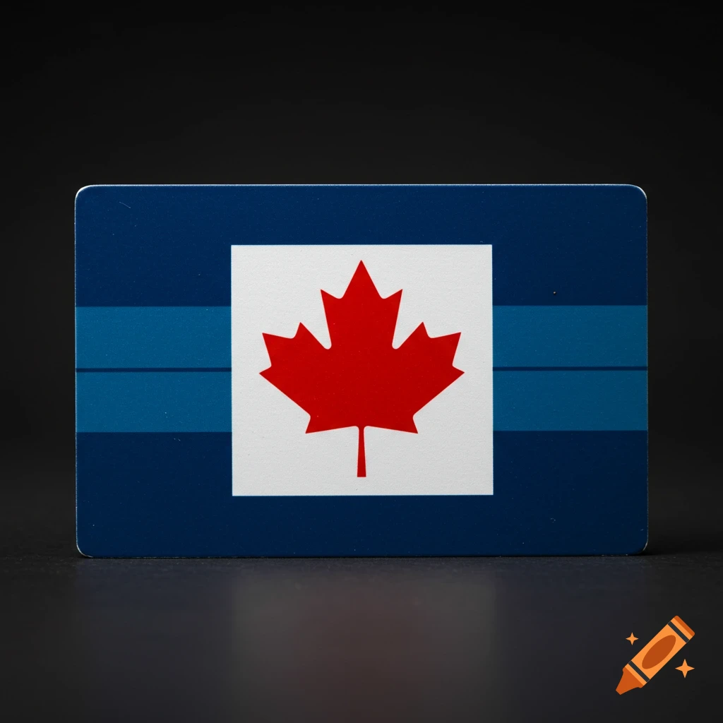 Card or object designed like a Canadian flag with blue stripes and a red maple leaf.