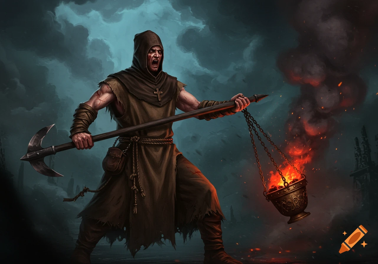 Dark fantasy artwork of a hooded flagellant character holding a thurible mace.