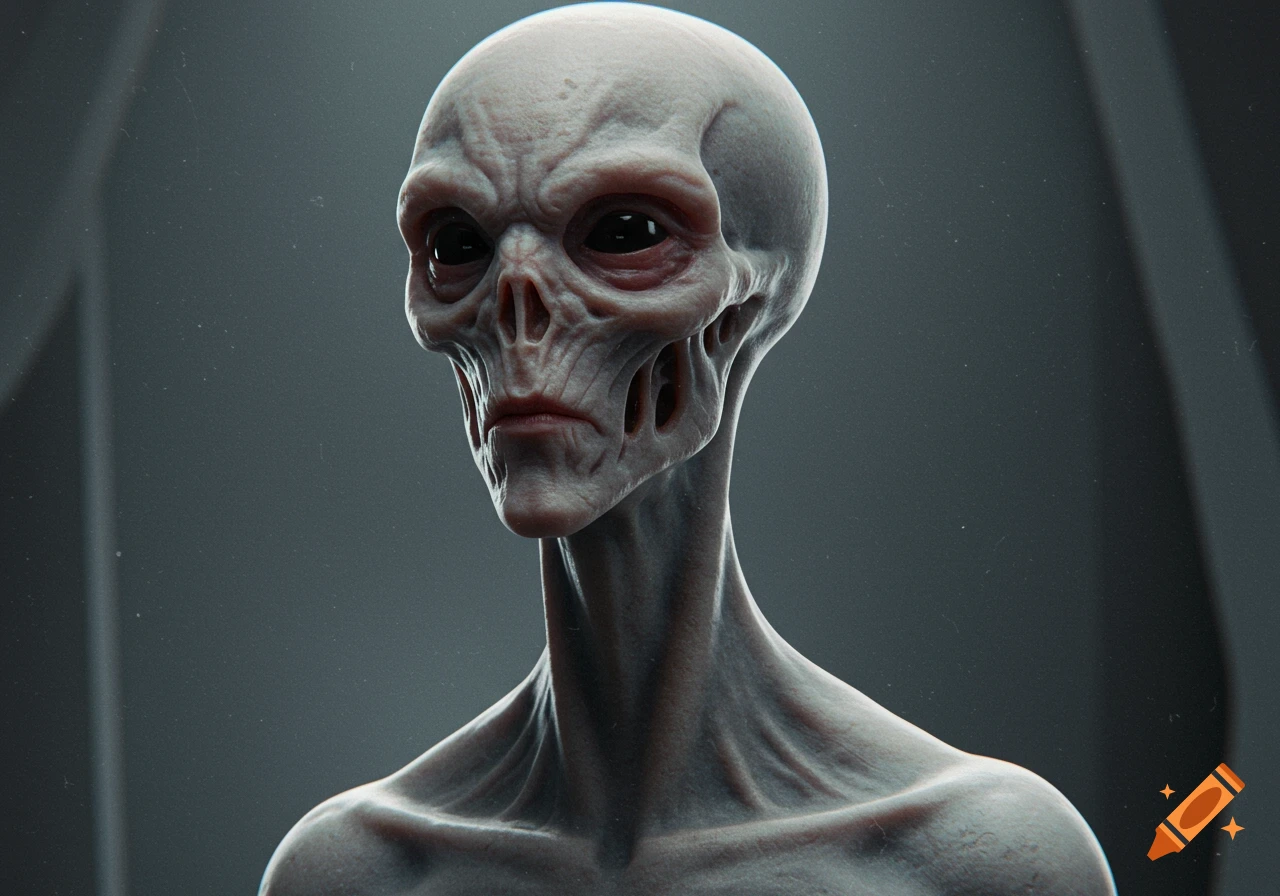 Photorealistic close-up portrait of a grey alien
