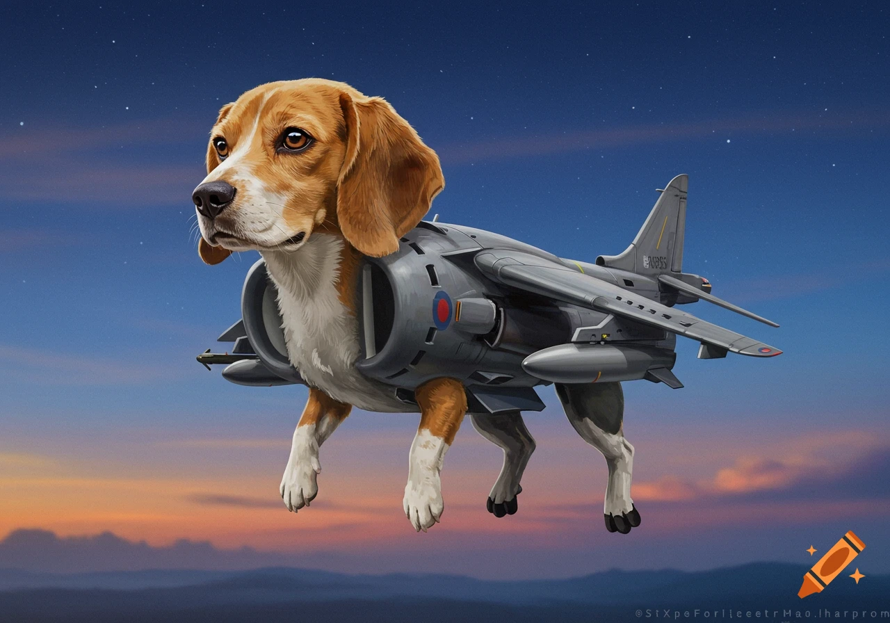 A beagle dog with the body of a Harrier jet plane flies through a starry sunset sky.