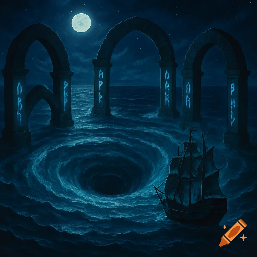 A dark, moody fantasy scene shows a pirate ship near a whirlpool in the sea, surrounded by stone arches with glowing runic symbols under a full moon at night.