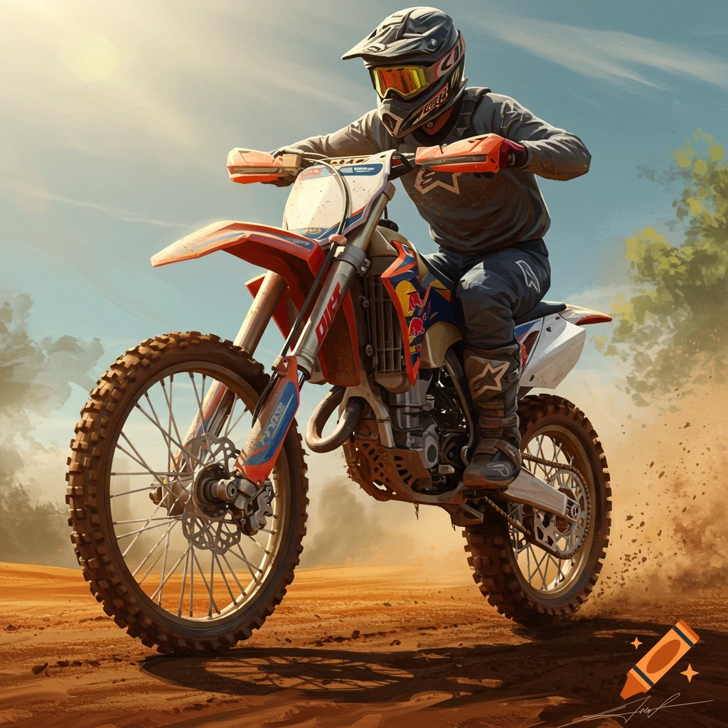 A dirt bike rider races on a sunny dirt track, kicking up dust